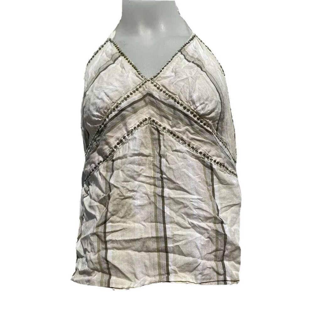 Periscope Tie Halter Top Green White Stripe Jrs Sz Medium Side Zip V Neck Sequin